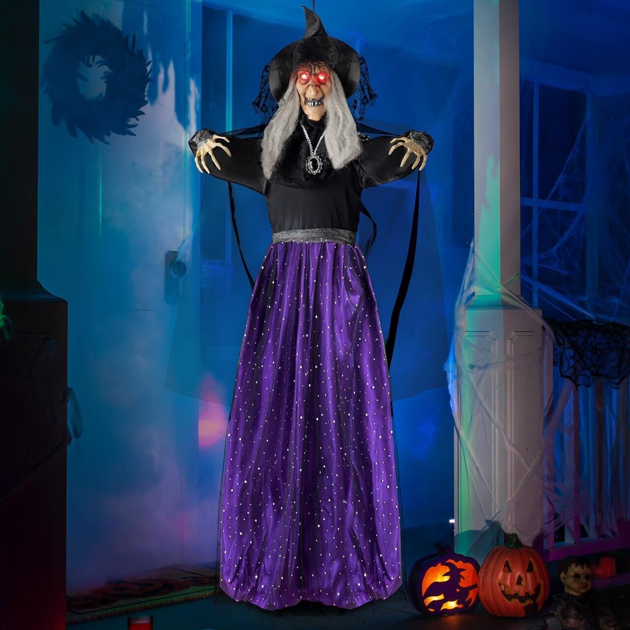 Animated Witch Halloween Decorations Outdoor Indoor Witch Decor Scary Halloween Animatronics, Hanging Talking Witch Sound Activated Led Lights Eyes Haunted House Yard Garden Lawn
